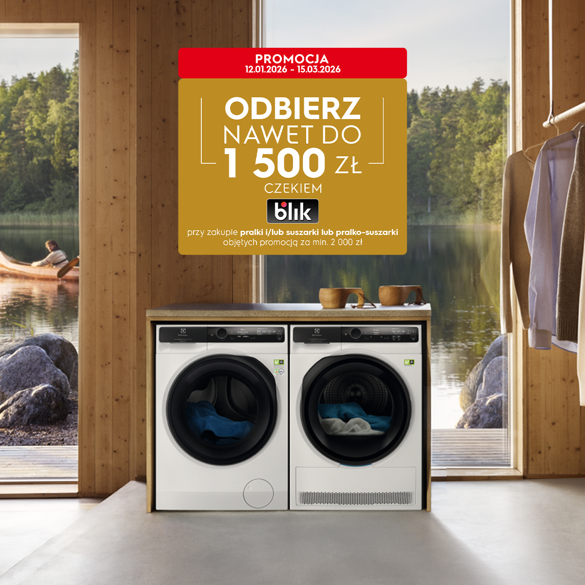 Odbierz nawet do 1500 zł zwrotu za zakupy! Zdjęcie pralki i suszarki w skandynawskim pokoju z dużymi oknami